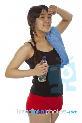 Asian Lady Holding Water Bottle Stock Photo