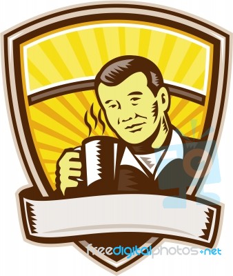 Asian Man Drinking Coffee Crest Woodcut Stock Image