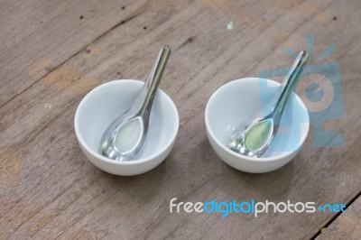 Asian Table Set On Wooden Table Background Stock Photo