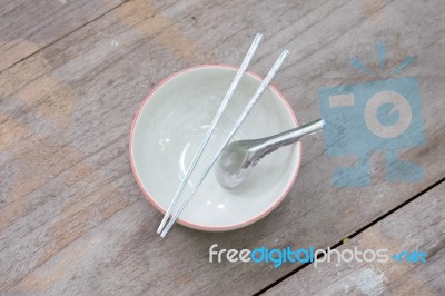 Asian Table Set On Wooden Table Background Stock Photo