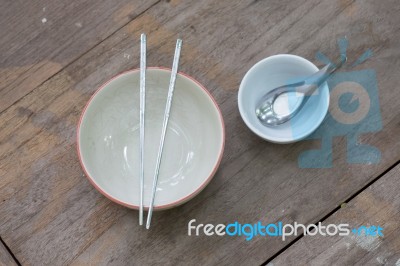 Asian Table Set On Wooden Table Background Stock Photo