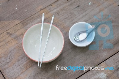 Asian Table Set On Wooden Table Background Stock Photo