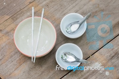 Asian Table Set On Wooden Table Background Stock Photo