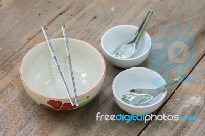 Asian Table Set On Wooden Table Background Stock Photo