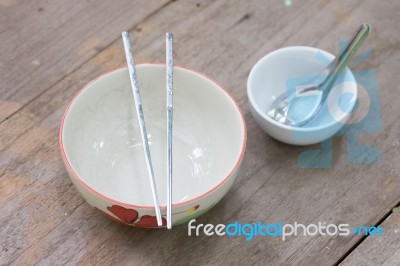 Asian Table Set On Wooden Table Background Stock Photo