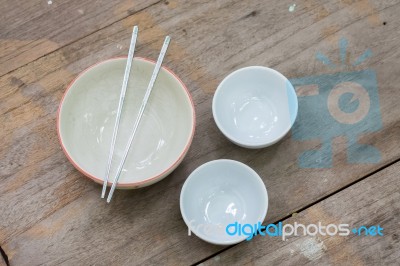 Asian Table Set On Wooden Table Background Stock Photo