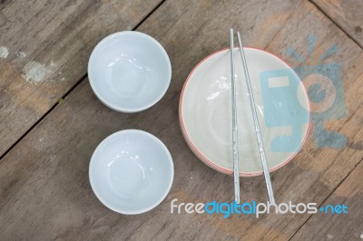 Asian Table Set On Wooden Table Background Stock Photo