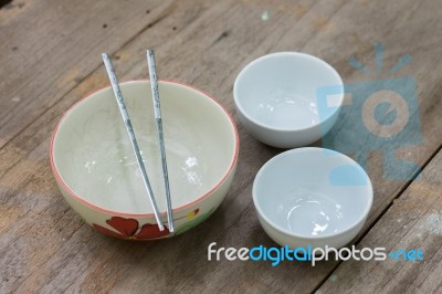 Asian Table Set On Wooden Table Background Stock Photo