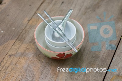 Asian Table Set On Wooden Table Background Stock Photo