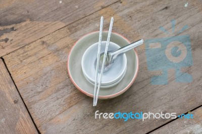 Asian Table Set On Wooden Table Background Stock Photo