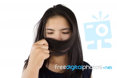 Asian Woman Hair Care,woman Beauty Lifestyle Concept  Stock Photo