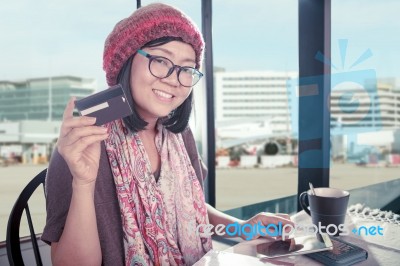 Asian Woman Happiness Smiling Face With Credit Card In Hand Use For Modern Lifestyle On Line Shopping And Pay By Bank Debit Card Stock Photo