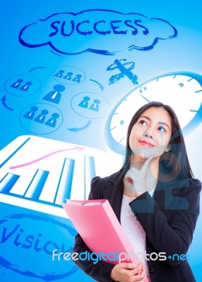 Asian Woman Has Many Ideas On Business Background Stock Photo