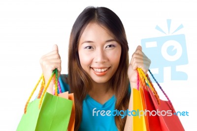 Asian Woman Holding Shopping Bag Stock Photo