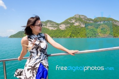 Asian Woman On The Boat Stock Photo