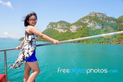 Asian Woman On The Boat Stock Photo