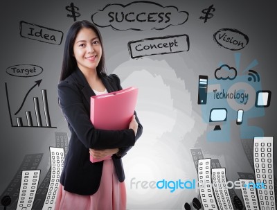 Asian Woman Smiling On Business Background Stock Photo