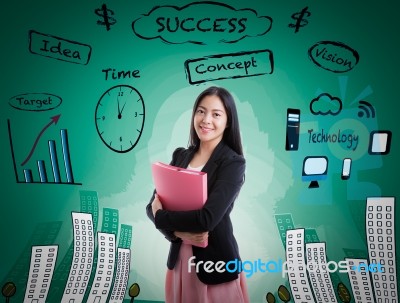 Asian Woman Smiling On Business Background Stock Photo