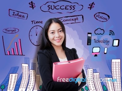 Asian Woman Smiling On Business Background Stock Photo