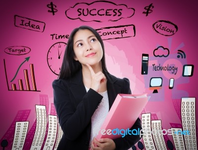 Asian Woman Thinking Many Ideas On Business Background Stock Photo