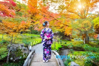 Asian Woman Wearing Japanese Traditional Kimono In Autumn Park. Japan Stock Photo