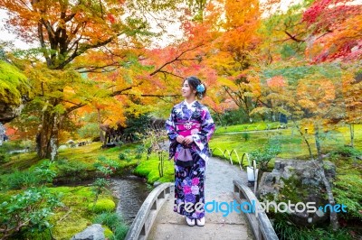 Asian Woman Wearing Japanese Traditional Kimono In Autumn Park. Japan Stock Photo