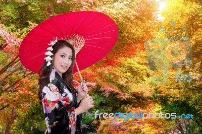 Asian Woman Wearing Kimono In Autumn Stock Photo