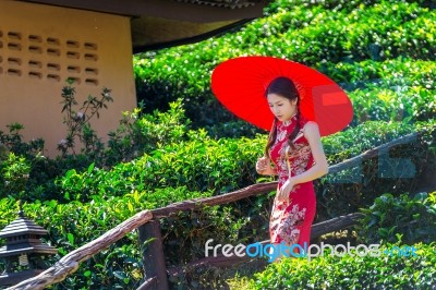 Asian Woman Wearing Traditional Chinese Dress And Red Umbrella In Green Tea Field Stock Photo