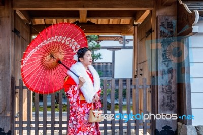 Asian Women Wearing Japanese Traditional Kimono Visiting The Beautiful In Kyoto Stock Photo