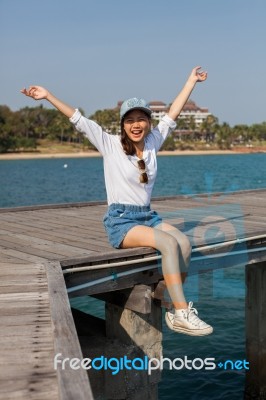 Asian Younger Woman Happiness Emotion At Sea Side Traveling Destination Stock Photo