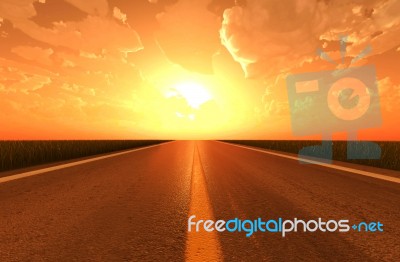 Asphalt Road In Sunset Or Sunrise,3d Rendering Stock Image
