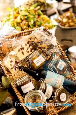 Assorted Fresh Groceries In Basket Stock Photo