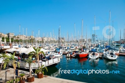 Assortment Of Boats And Yachts Moored At The Marina In Barcelona… Stock Photo