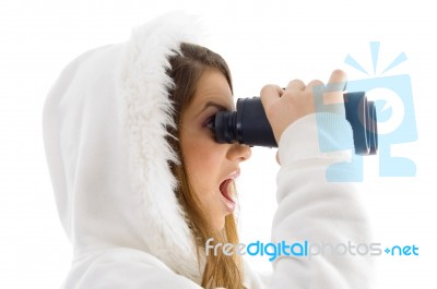 Astonished Female Watching Through Binocular Stock Photo