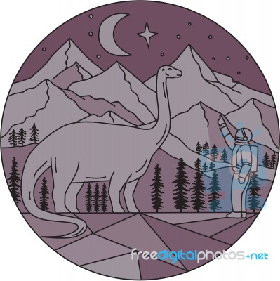 Astronaut Brontosaurus Mountain Moon Circle Mono Line Stock Image