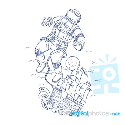 Astronaut Tethered Caravel Ship Drawing Stock Image