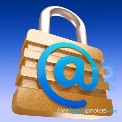 At Sign Padlock Shows Security Online Communication Stock Image