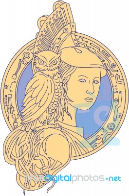 Athena With Owl On Shoulder Circuit Circle Mono Line Stock Image