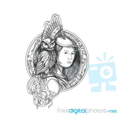 Athena With Owl On Shoulder Electronic Circuit Circle Tattoo Stock Image