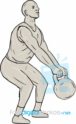 Athlete Fitness Squatting Kettlebell Drawing Stock Image