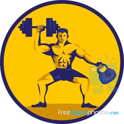 Athlete Lifting Kettlebell Dumbbell Circle Retro Stock Image