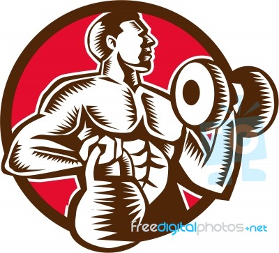 Athlete Lifting Kettlebell Dumbbell Circle Woodcut Stock Image