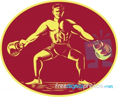 Athlete Lifting Kettlebell Oval Woodcut Stock Image