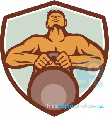 Athlete Weightlifter Lifting Kettlebell Crest Retro Stock Image