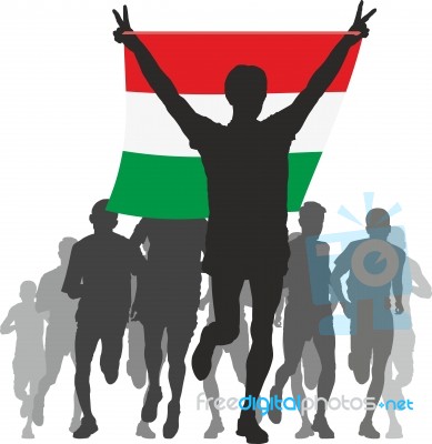 Athlete With The Hungary Flag At The Finish Stock Image