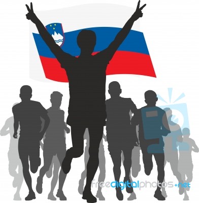 Athlete With The Slovenia Flag At The Finish Stock Image