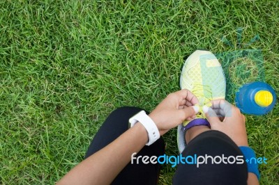 Athletic Woman Tying Laces Ready To Fitness Sport Stock Photo