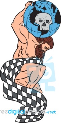 Atlas Lifting Globe Skull Checkered Flag Drawing Stock Image