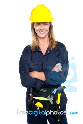 Attractive Architect Woman With Yellow Hard Hat Stock Photo