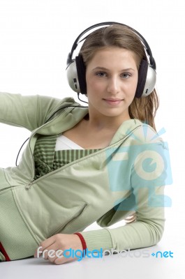 Attractive Female Enjoying Music Stock Photo